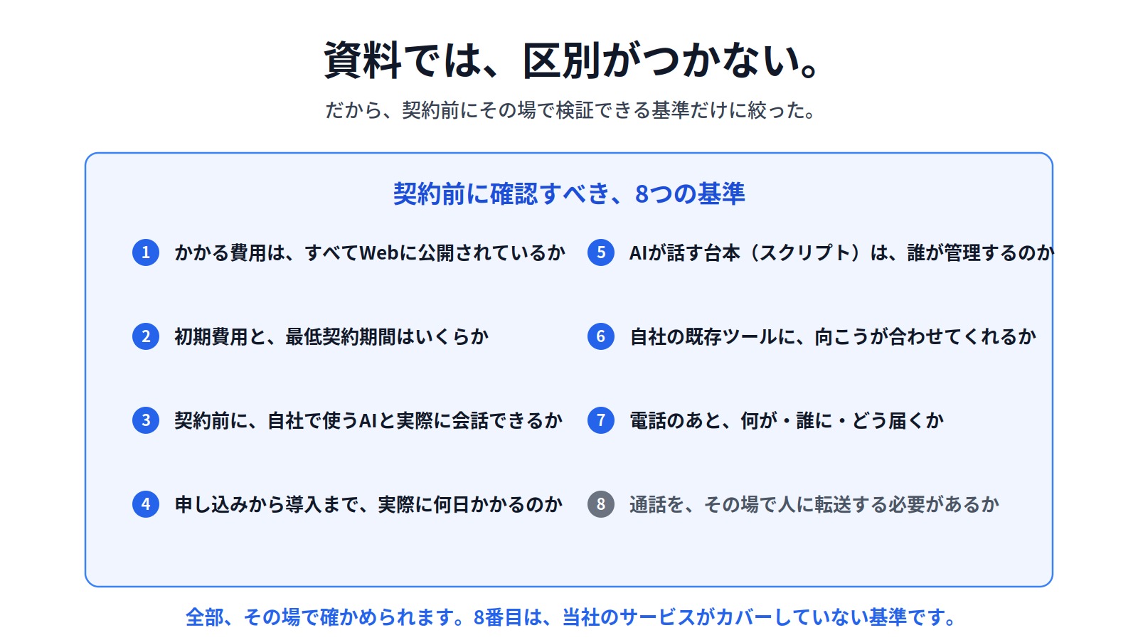 資料では、区別がつかない。契約前にその場で検証できる8つの基準